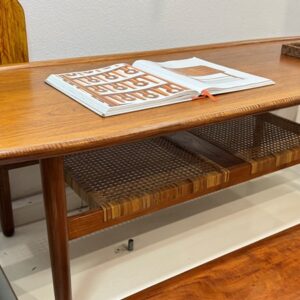 Rare Danish XL Mid-Century Coffee Table with rattan magazine shelve